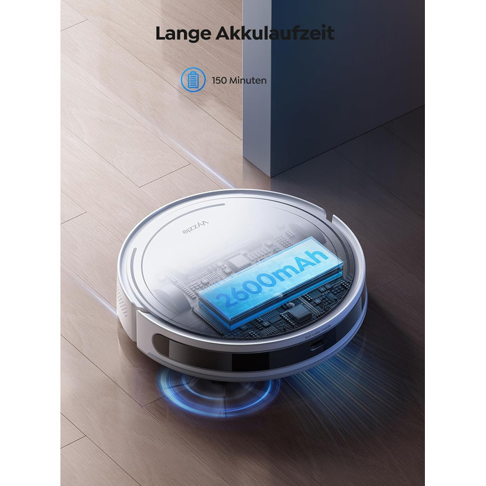 Робот-пилосос Vyzzle 5000Pa з функцією миття, LDS-навігація, D10, керування через додаток/Alexa, для шерсті тварин, килима, твердих підлог, білий