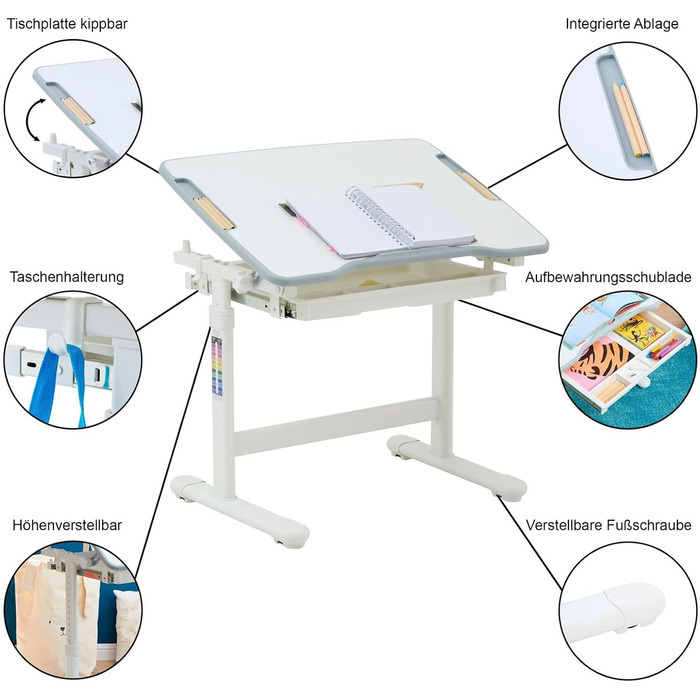 Дитячий письмовий стіл TUTTO регулюється по висоті та нахиляється зі стільцем, шухлядою, лотком для ручок, опорою для рюкзака (білий)