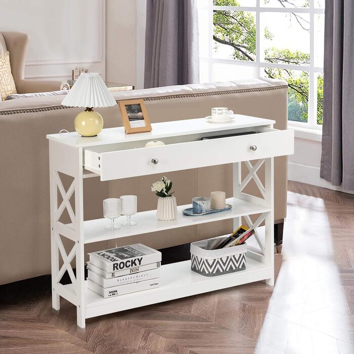 Консольний столик COSTWAY з шухлядою, 3 ящики, білий, 100x30x80 см