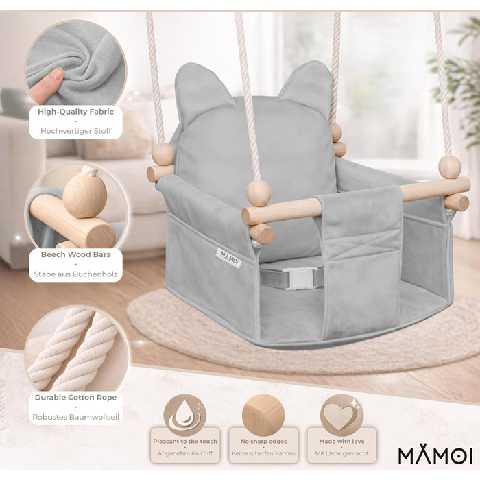 Дитяча гойдалка-колиска MAMOI з ременем безпеки, регульована висота 150-190 см, для дому, стійка конструкція, велюрове сидіння, легкий монтаж, світло-сіра