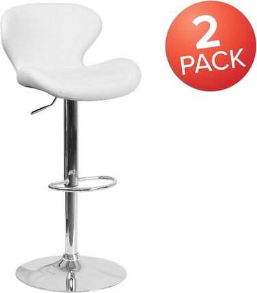 Барний стілець Flash Furniture Denville з тканини, регульований по висоті, з вигнутою спинкою та хромованою основою, 2 шт. (Біле вінілове сидіння)