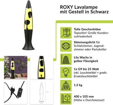 Ретро-лавовий світильник Easylight ROXY фіолетово-чорний з вимикачем висотою 40 см G9 декоративна блискуча лампа для вітальні (матовий чорний, жовтий, фіолетовий)