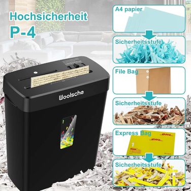 Шредер для документів Woolsche CD222-8: 8-аркушевий, P-4, з перехресним різанням, для офісу та дому
