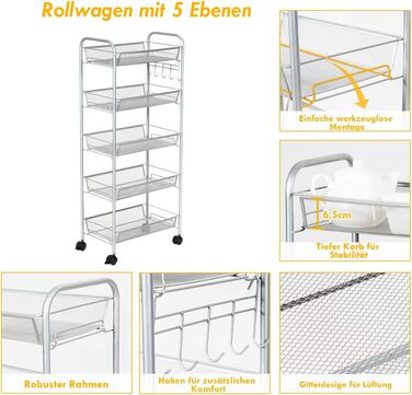 Візок для подачі COSTWAY 5 ярусів з гачками, універсальні колеса, металевий, 43,5 x 26 x 104 см