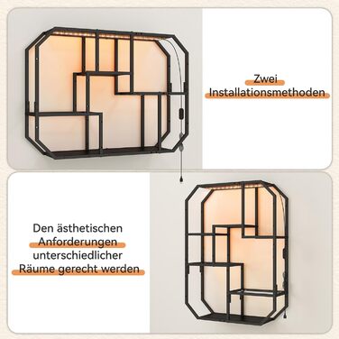 Підвісні полиці YU YUSING з RGB підсвічуванням 7 кольорів, геймерські полиці з 8 гачками, полиці для демонстрації, настінна вітрина з 2 скляними полицями, підвісна вітрина для спальні, кухні, бару, ігрової кімнати, шестигранна (чорний колір)