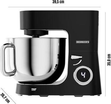 Кухонна машина Heinrichs 2500W з подвійним гаком для тіста, міксером та вінчиком, 8 швидкостей, чаша 8л з нержавіючої сталі, чорна