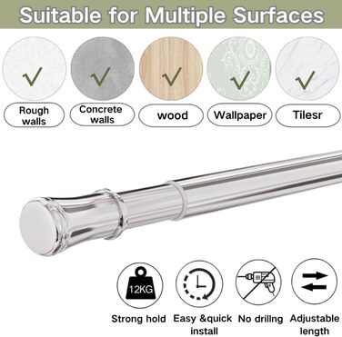 Телескопічна штора-карниз без свердління 85-265 см (Ø 32 мм), розсувна штанга для ванної кімнати, гардероба та DIY-проєктів, срібляста