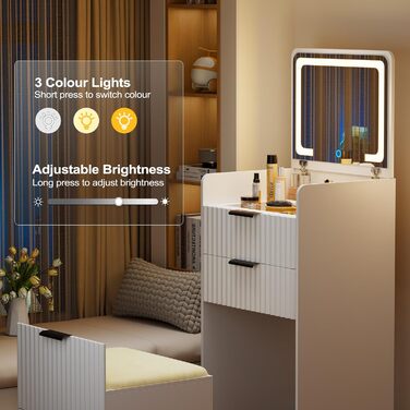 Трюмо Lvifur з LED-дзеркалом та 3 висувними ящиками, кутовий, для спальні, квартири, гуртожитку, білий