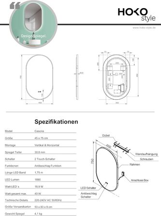 Дзеркало для ванної кімнати LED HOKO Design Turin, овальне, 45x75 см, матовий чорний каркас, сенсорне керування, LED-підсвічування, антизапарник