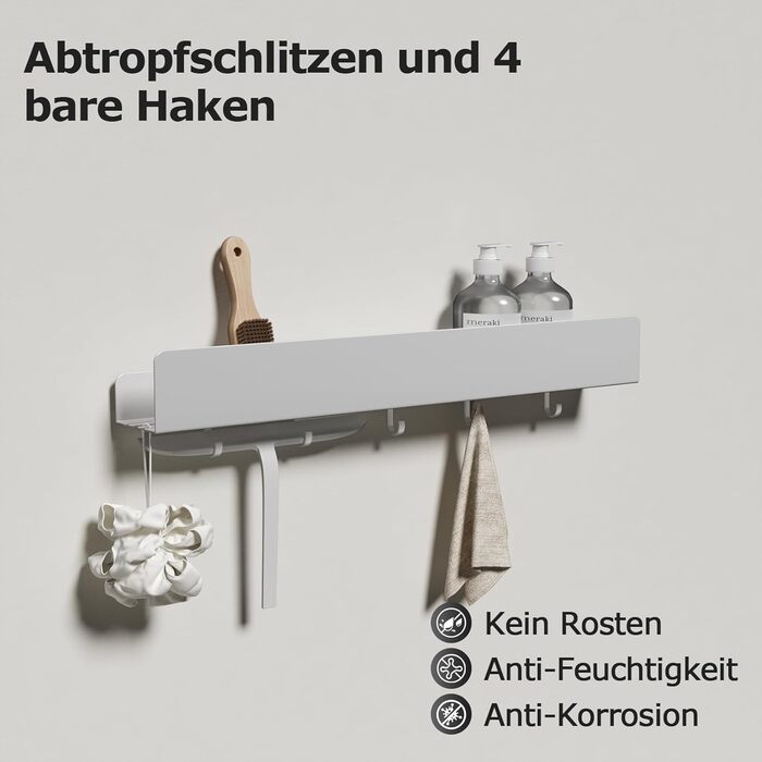 Поличка для душу Rekita без свердління, органайзер для ванної кімнати 40 см, поличка з нержавіючої сталі з 4 знімними гачками, тримач для шампуню для душу, настінна поличка, органайзер для ванної кімнати (Білий-50 см)