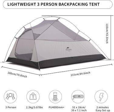 Намет Naturehike Cloud-up 3 Upgrade ультралегкий, 3-місний, 3-4 сезони, для кемпінгу та туризму