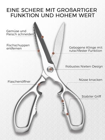 Кухонні ножиці важкі – з нержавіючої сталі 3Cr14, міцні для м'яса, птиці та овочів, з відкривачем пляшок, придатні для миття в посудомийній машині, 22,8 см, 5 років гарантії, сріблястого кольору