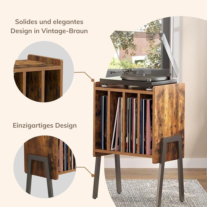 ACAZA: Стіл для програвача вінілових платівок з 4 відсіками – 66 x 40 x 30 см – Дерево та метал (Вінтаж, Колір: Коричневий)
