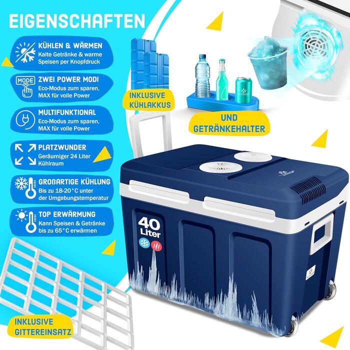 Термохолодильник KESSER® 40L на колесах | Холодильник-термос 12/230V | Охолоджує та нагріває | Для авто, човна та кемпінгу | З акумуляторами холоду та тримачами для напоїв (Темно-синій)