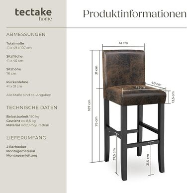 Набір з 2 барних стільців tectake® з підлокітником, античний коричневий, з масиву дерева та штучної шкіри, 107 см