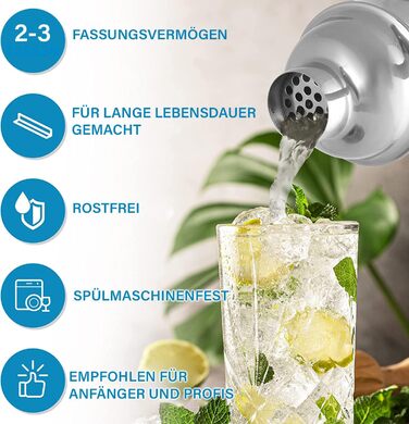 Набір шейкерів для коктейлів Zulay з нержавіючої сталі 700 мл (6 шт.) – шейкер, джиггер, стік та ложка для змішування – для Маргарити та інших коктейлів