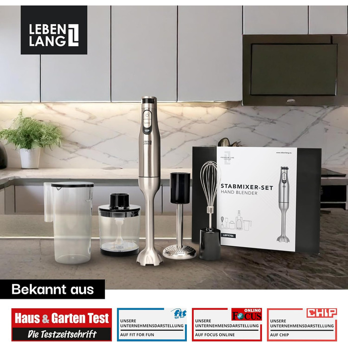 LEBENLANG Преміум блендер занурювальний 1200W - набір 6 предметів з аксесуарами та захистом від бризок | Регулювання швидкості, турборежим, нержавіюча сталь