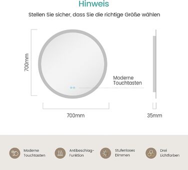 Дзеркало для ванної кімнати EMKE з підсвічуванням 80x60 см, сенсорне керування, антизапар, 3 кольори світла, регулювання яскравості, функція пам'яті, енергозбереження