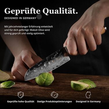 Японський ніж Santoku Wakoli Olive з дамаської сталі (серцевина VG10), 13 см – гострий та ергономічний – ніж з ручкою з оливкового дерева в подарунковій коробці, для овочів та фруктів