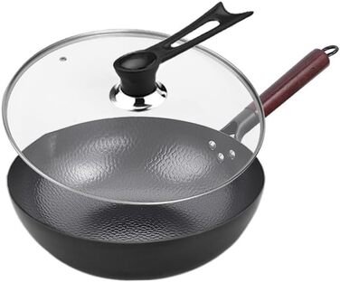 LIYGAOF Вок з кришкою 32 см з чавуну: Вок для всіх типів плит, кована чавунна сковорода, без хімічного покриття, легко миється