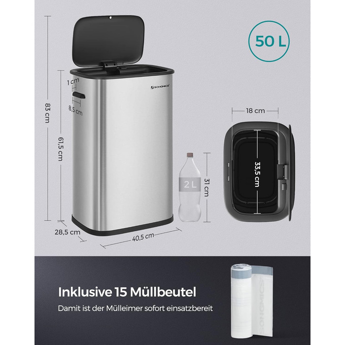 Відро для сміття SONGMICS з датчиком 50 л, з м'яким закриттям, з нержавіючої сталі, з кільцем для пакетів, 15 пакетів в комплекті, срібний (LTB610E50)