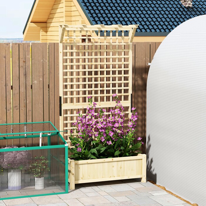 Підвищене грядка з шпалером та дахом, ящик для рослин, квітник, стійкий до погодних умов, дерево, 90 x 45 x 183 см, натуральне дерево