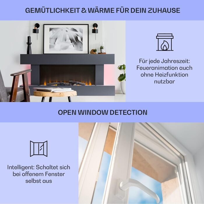 Електрокамін Klarstein Light & Fire 2 Smart, 2000 Вт, LED-імітація полум'я, настінний, з пультом і таймером, економний, корпус з МДФ, білий/чорний