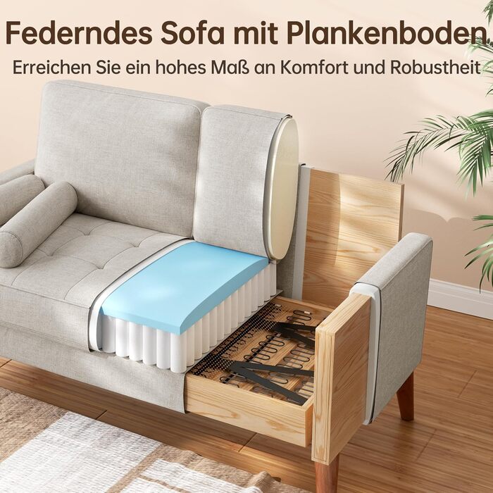 Диван Vesgantti 2-місний, 121 см, сучасний дизайн, з 2 подушками, для вітальні/квартири/офісу, тканина льон, колір пісочний