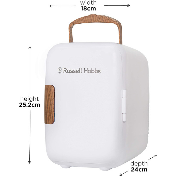 Міні-холодильник Russell Hobbs RH4CLR1001SCW 4L: портативний, AC/DC, для напоїв та косметики, скандинавський стиль, білий з ефектом дерева