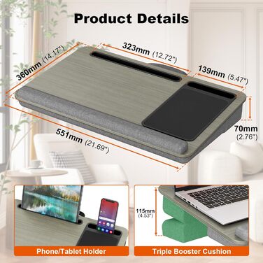 Підставка для ноутбука PUTORSEN для ліжка - регульована висота, з підставкою для миші та підтримкою для зап'ястя. Підходить для ноутбуків до 17,3 дюймів, Lapdesk з вирізом для планшета та телефону, сірого кольору