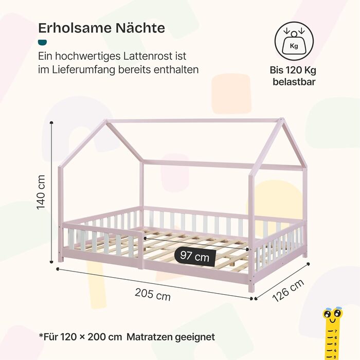 Ліжко дитяче en.casa Hesel, біле, з бортиками та ламелями, Montessori, 120x200 см