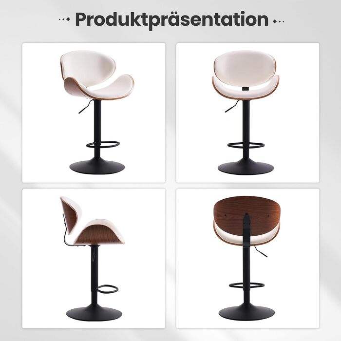 Барний стілець YOUTASTE з вигнутого дерева, 1 шт., 360° обертання, з підлокітником та підніжкою, PU-шкіра, білий