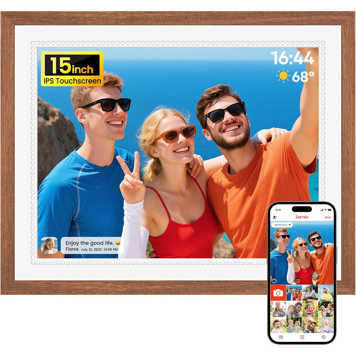 Frameo Цифровий фоторамка 10,1 дюйма, HD 1280*800 IPS сенсорний екран, 32GB пам'ять, автоповорот, Frameo App для обміну фото та відео, 15 дерев'яних текстур (білий)