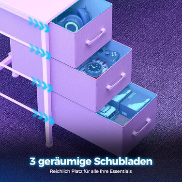 Ігровий кутовий стіл Seventable L-подібної форми з LED підсвіткою, розетками та 3 текстильними висувними ящиками, білий, 135x135x88 см