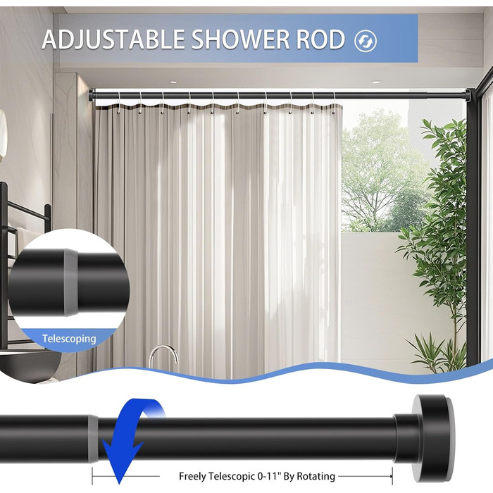 Штанга для душу, регульована, 86-167 см, нержавіюча сталь, без свердління, для ванної кімнати, чорна матова