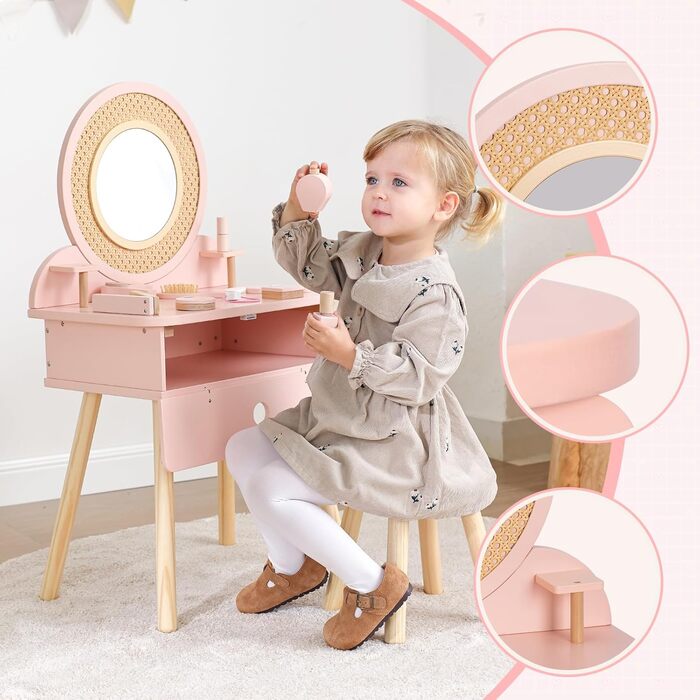 Дитячий туалетний столик OOOK для дівчаток з дзеркалом та табуретом, рожевий, з дерева
