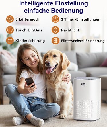 Повітряочисник для великих спалень до 70 м² з CADR 223 м³/год, тихий H13 HEPA повітряочисник з режимом сну 15 дБ, 3-в-1 фільтр видаляє 99,97% пилку, пил, шерсть тварин, запахи