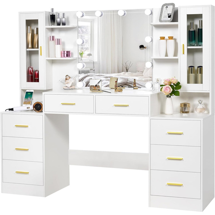 Великий туалетний столик ANWBROAD з LED-підсвіткою (3 кольори), розетками, дзеркалом та 8 висувними ящиками. Сучасний дизайн, колір - білий, розмір 150x135x40 см. Модель BDT67W