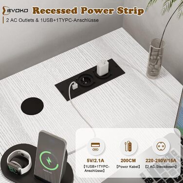 Комп'ютерний стіл L-подібний Devoko з 4 ящиками з тканини, 2 розетками та 2 USB-портами, для дому та офісу, ігор, білий, 140x80 см