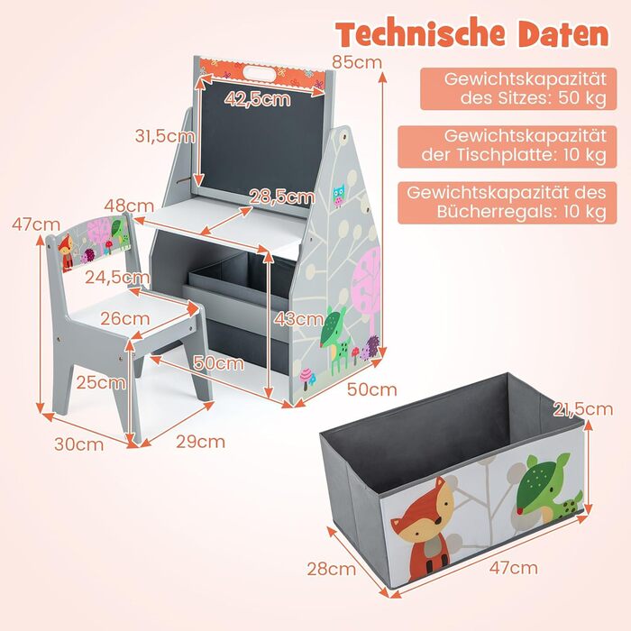 Дитячий набір 3 в 1 Dreamade: стіл, стільчик, книжкова полиця та контейнер, з магнітною дощечкою, сірий