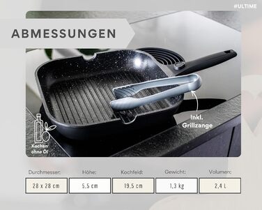 DIVORY Сковорода-гриль 28x28 см з виливом та знімним ручкою - сковорода для стейків на індукційній плиті, з антипригарним покриттям, з лопаткою та захистом для сковороди, чорна