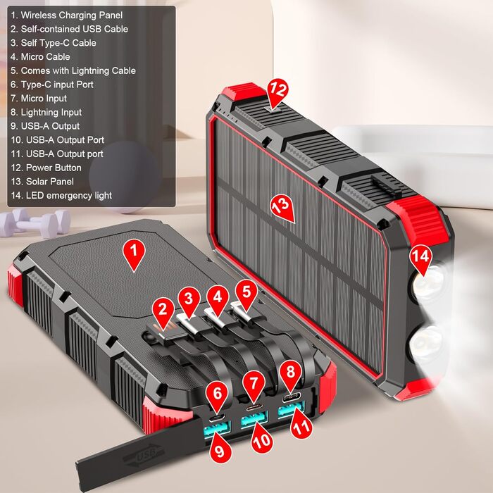 Сонячний пауербанк 26800 мАг, бездротовий Euakee з 4 кабелями та кемпінговою лампою, водонепроникний, 15 Вт USB-C (червоний)