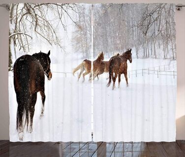 Зимова штора, Коні в засніженому лісі, 280х225 см, білий/коричневий