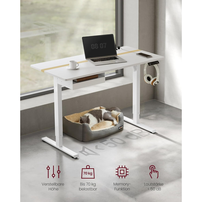 Електричний регульований стіл VASAGLE 120x60 см, білий + горіховий, з пам'яттю висоти, з розетками та ящиком