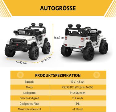 Дитячий електромобіль 12V з пультом, амортизацією, LED, Bluetooth, 2 швидкості, для дітей 3-8 років, білий