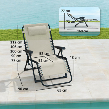 Розкладне крісло для відпочинку на сонце, садове крісло з подушкою для голови, спинка регулюється в 5 положеннях, витримує до 120 кг, бежеве