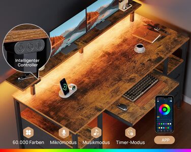 Ігровий стіл Seventable з LED підсвіткою, розетками та USB портами, шухлядами, підставкою для клавіатури та монітора (120x47x87 см, вінтажний коричневий)