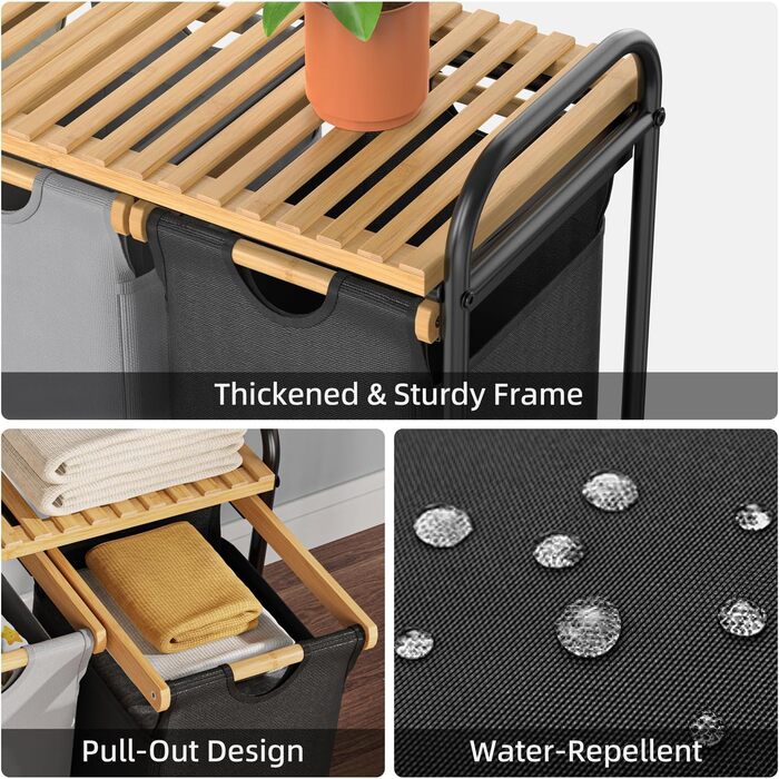 Кошики для білизни з сортуванням 3x40л, з висувними кишенями та роликами (Чорний/Білий)
