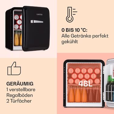 Холодильник Klarstein, міні-холодильник для напоїв, компактний холодильник, тихий, для догляду за шкірою, вінтажний дизайн, для кемпінгу, міні-холодильник для кімнати, 0-10°C, 48 л, енергоклас D, чорний