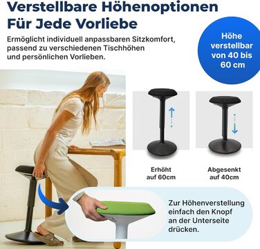 Ергономічний офісний стілець-хокер з регулюванням висоти та ефектом балансування, зелений (40-60 см). Стілець для стоячої роботи, тестувальник якості.